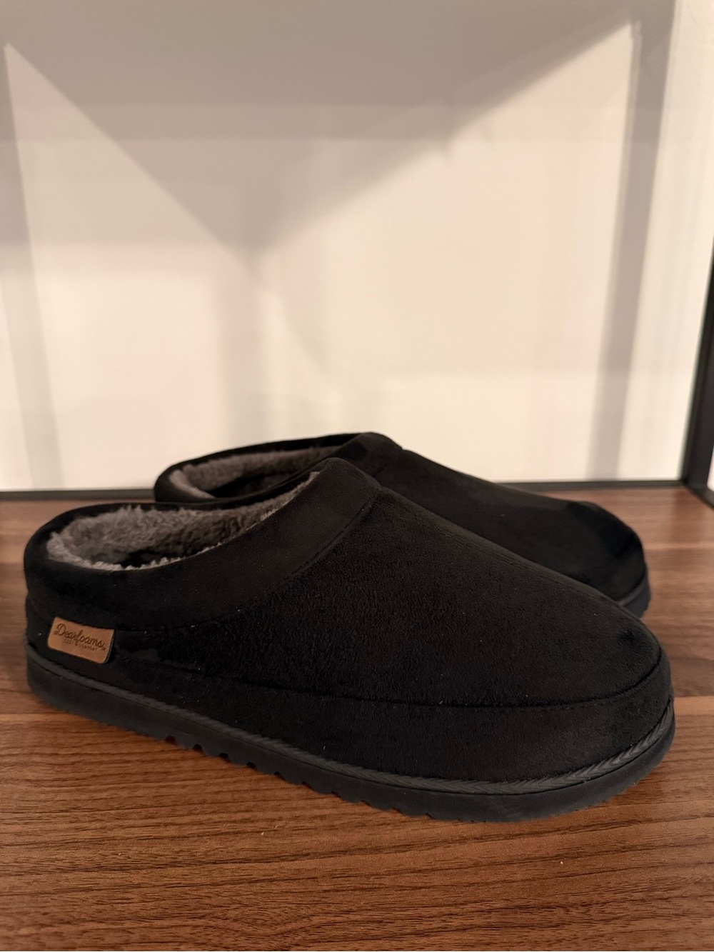 Dearfoams Black Clog Slippers Faux Suede Plush Lined Indoor Outdoor Shoes